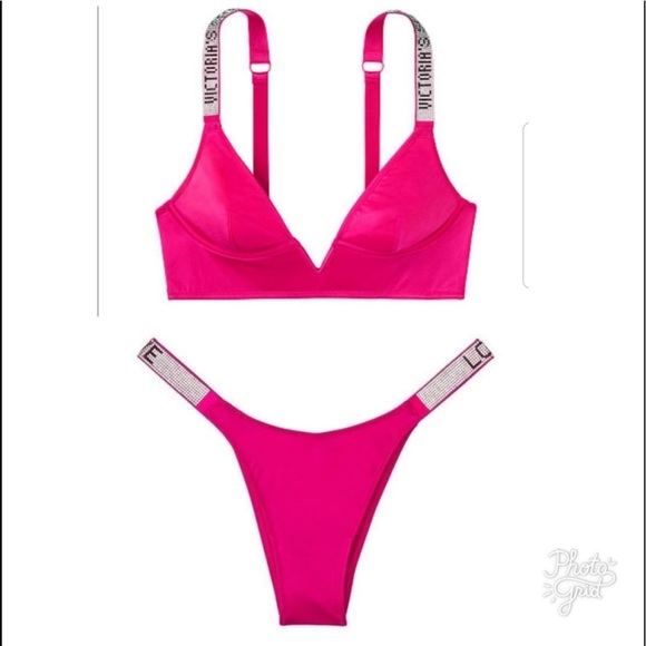 Victorias Secret Long Line V Shine Strap Bra Hot Fuchsia Pink Set - Picture 1 of 10